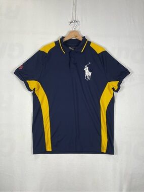 2007 US Open Tennis RLX Ralph Lauren Navy Yellow Short Sleeve Snap Polo Sz L